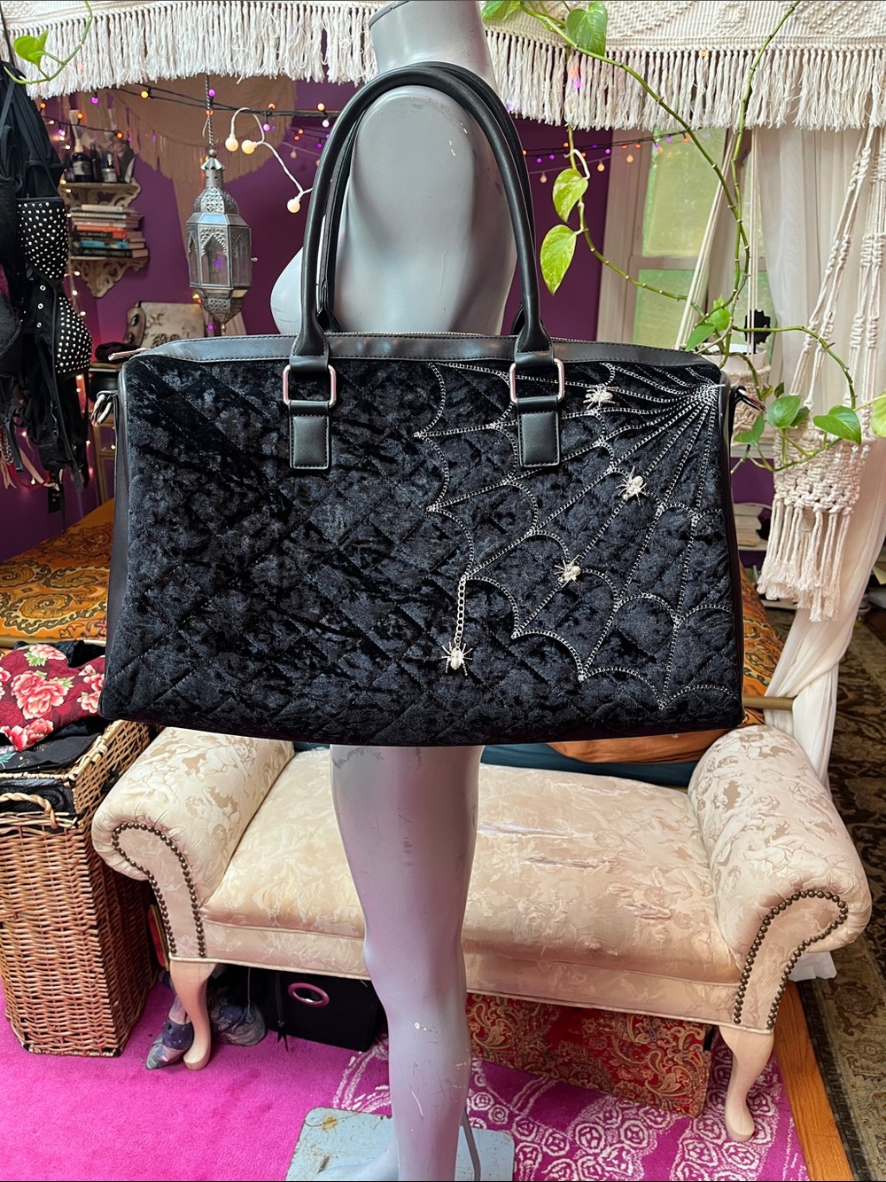 Dolls kill Tricks N Treats velvet spiderweb weekender travel bag